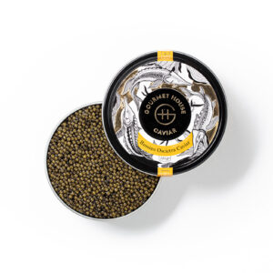 Russian Oscietra Caviar originated from the Caspian sea. The colour ranges from brown and grey,  to grey and yellow. The sizes varies from medium to large eggs, with a smooth a velvety texture along with a pleasant aroma of the sea. The Oscietra offers rich and complex flavours that truly define the original Caspian sea caviar.